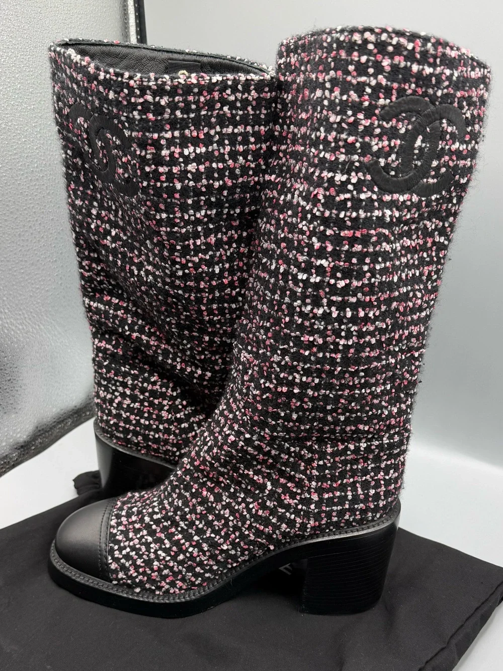 CHANEL Black and Pink Tweed Mid-Calf Heeled Boots